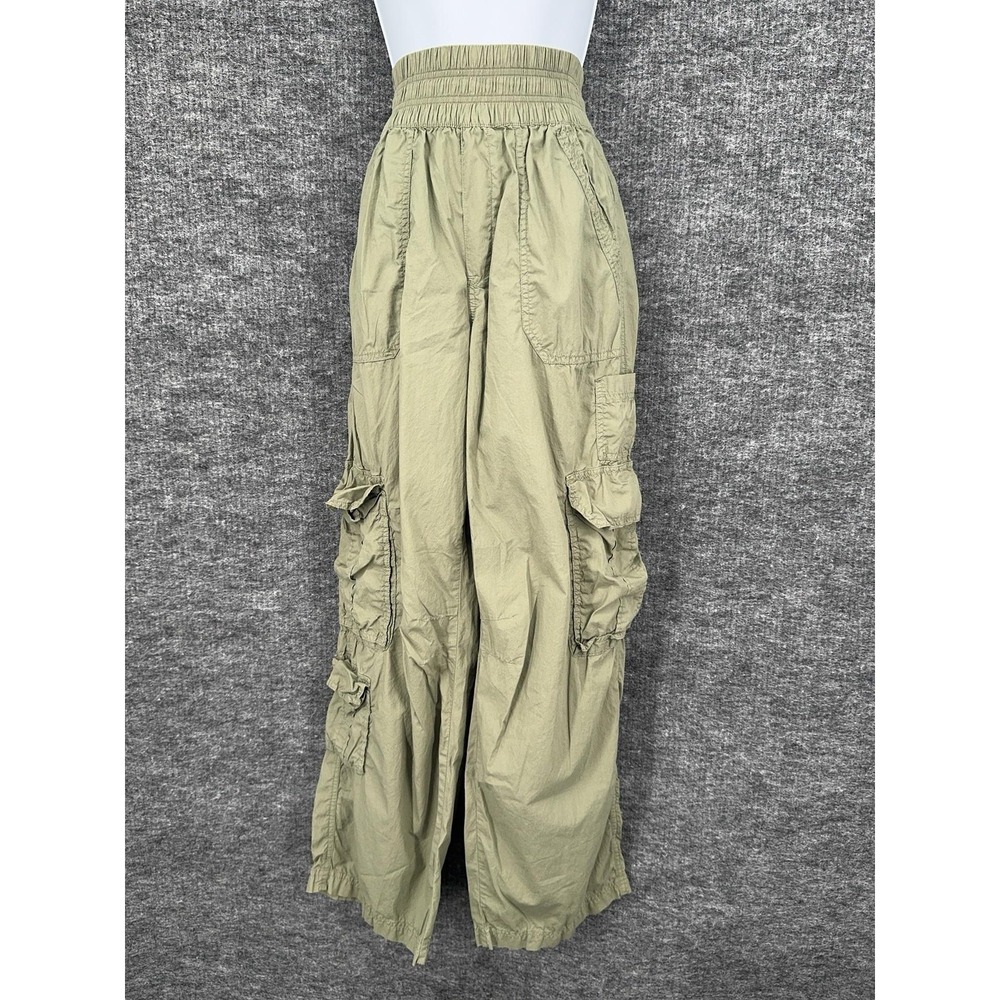 Aerie Pants Womens Small Green Cargo Ruched Wide Leg Pull On Cotton Casual